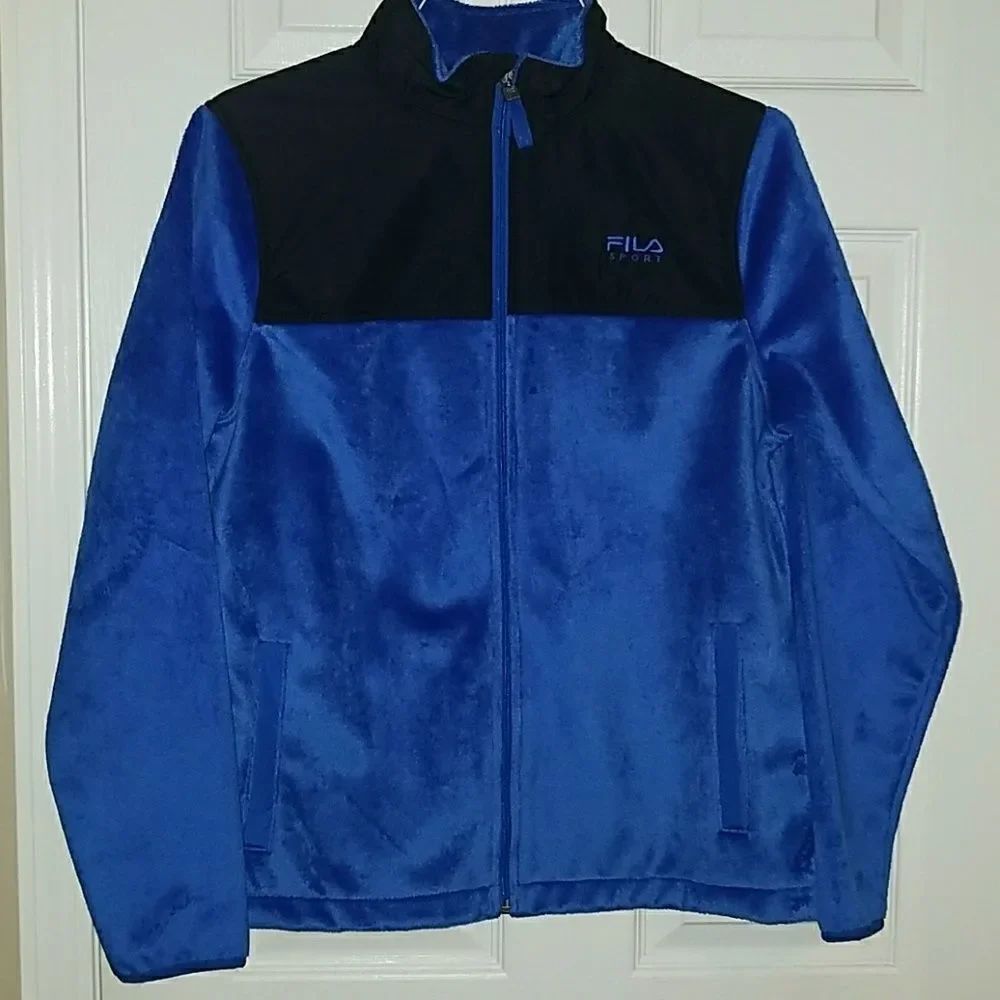 Fila Sport black blue plush jacket Sz L.